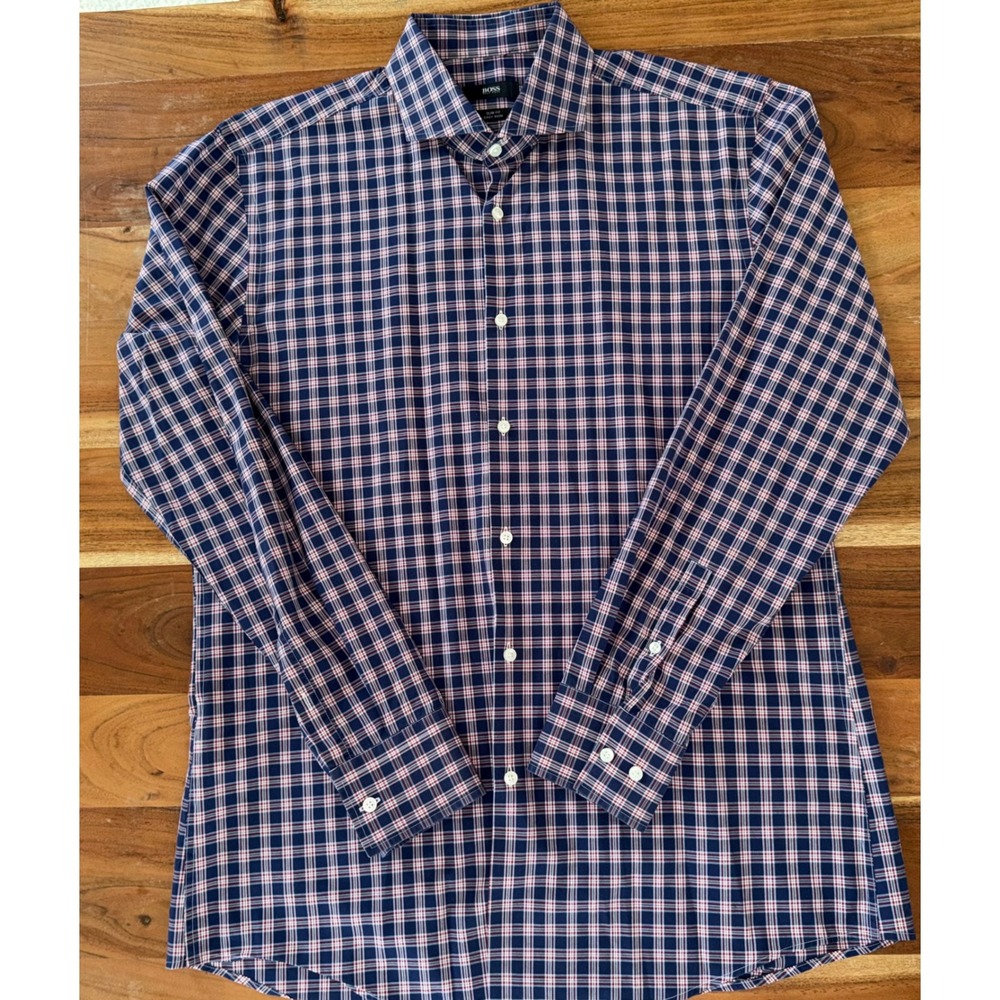 Hugo Boss Slim Fit Easy Iron Plaid Button Up Shirt Navy Red White Mens XL